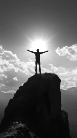 Silhouetted climber crowns mountain peak against radiant backlight