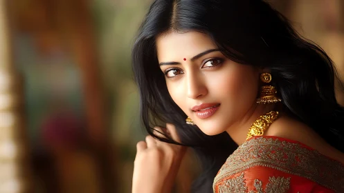 Traditional portrait of woman in embroidered red saree, bokeh.