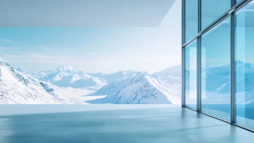 Panoramic glass room overlooks serene snowy mountainscape.