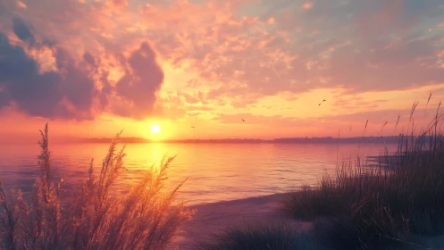 Coastal shoreline with sunset sky and calm reflective water.