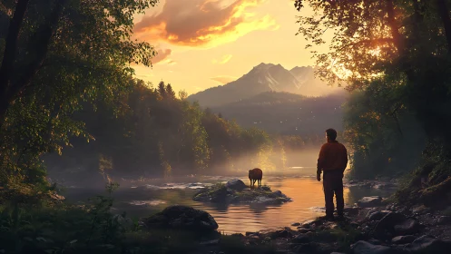 Solitary hiker observes deer in luminous alpine river valley