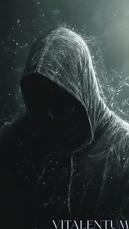 Shadowy hooded figure glows softly in drifting sparks