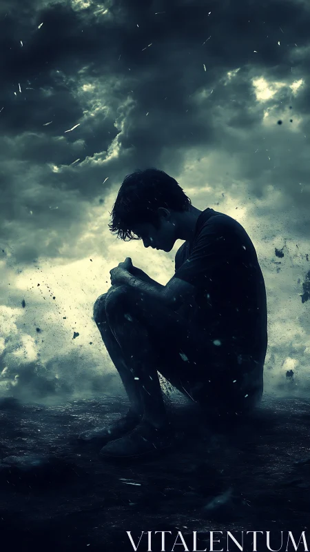 Silhouetted figure sits on ground beneath turbulent clouds