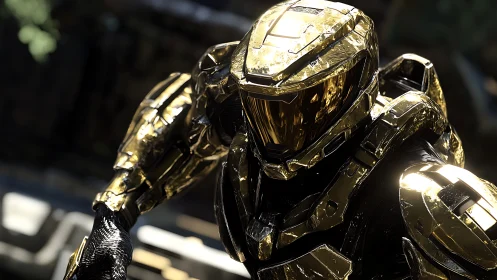 Gleaming golden sci fi soldier ready for an epic adventure.