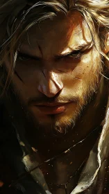 Scarred male warrior stares forward under hard directional light