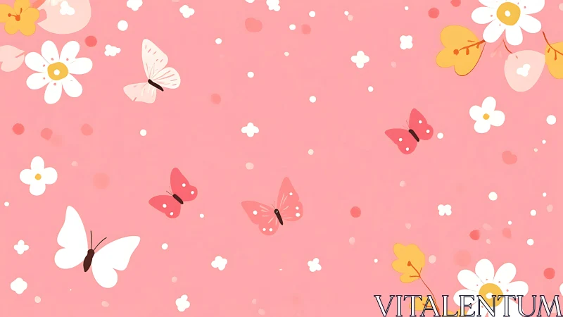 Pink floral pattern with butterflies in scattered layout.