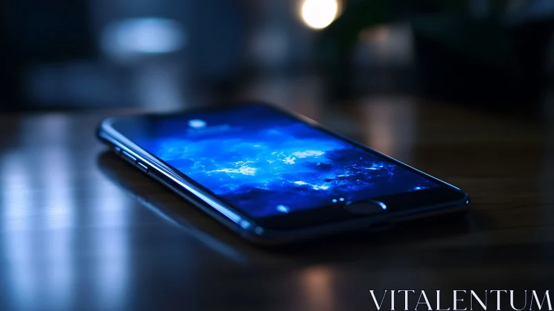 Smartphone screen glows with vivid blue cosmic wallpaper