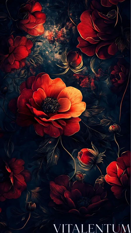 Red Flowers Against Dark Background with Golden Accents