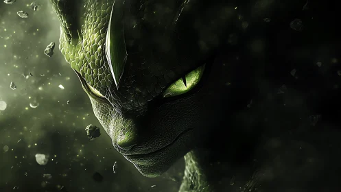Bioluminescent reptilian alien portrait with emerald eyes, dust