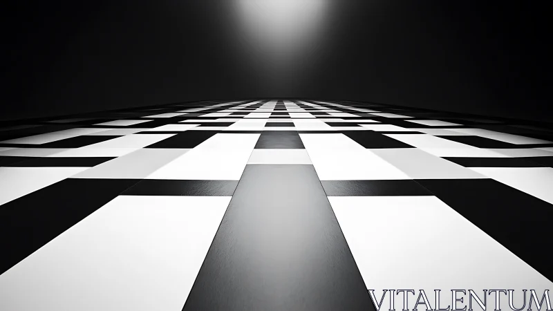 Monochrome geometric corridor extends toward vanishing light.