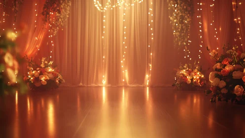 Golden evening stage with glowing lights and roses.
