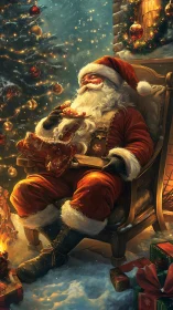 Santa rests by fire savoring cookies amid glowing tree