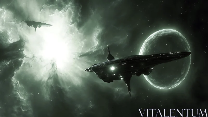 Massive alien starships near bright nebula and planet.