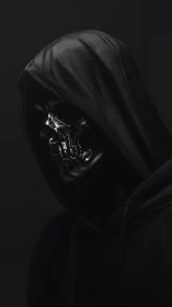Shadowed skull figure stands quietly in a darkened hood