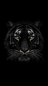 Front-facing black tiger portrait on solid black background.