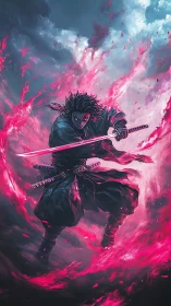 Neon-lit samurai warrior channels crimson energy in storm