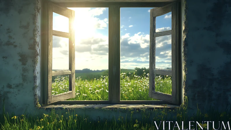 Sunlit open window frames a tranquil wildflower meadow view