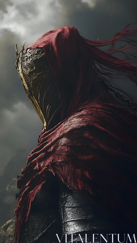 Hooded knight with golden mask under stormy battlefield sky.