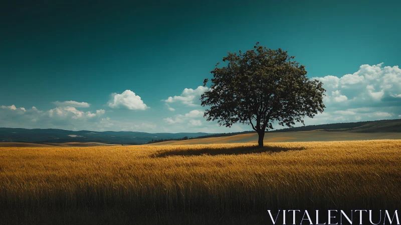 Solitary tree over golden wheat under cinematic teal sky.