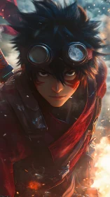 Anime warrior in red cloak amid flying embers, intense gaze.
