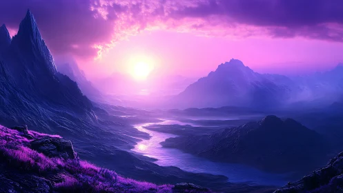 Iridescent alien valley unfolds under radiant violet sunrise