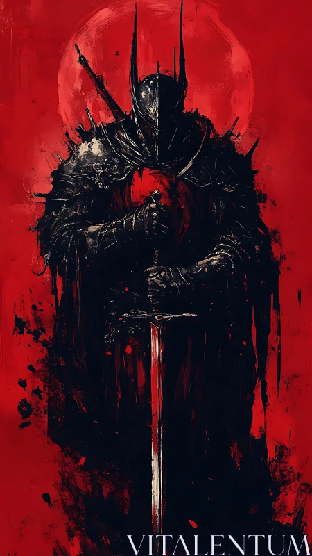 Blood-red eclipse behind dark knight with towering blade.