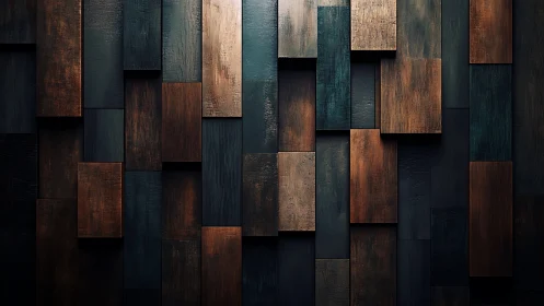 Geometric wooden wall relief in moody teal and copper tones.