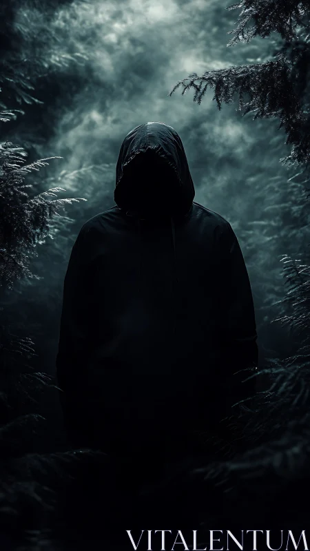 Mysterious hooded wanderer waiting in a misty midnight forest.