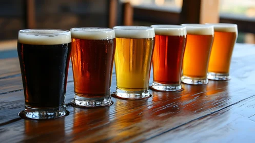 Row of assorted beer glasses aligned on wooden surface.