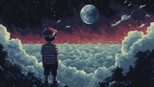 Solitary child observing lunar sky above painterly cloud sea