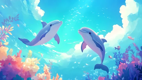 Playful dolphins drifting through a pastel coral daydream.