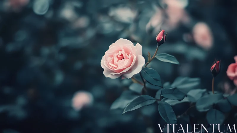 Pink Rose with Closed Buds in Garden Setting.