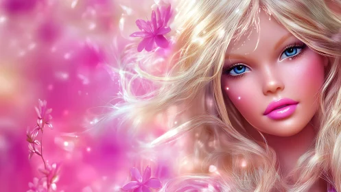 Dreamy blonde fairy with sparkling blue eyes and pink glow.