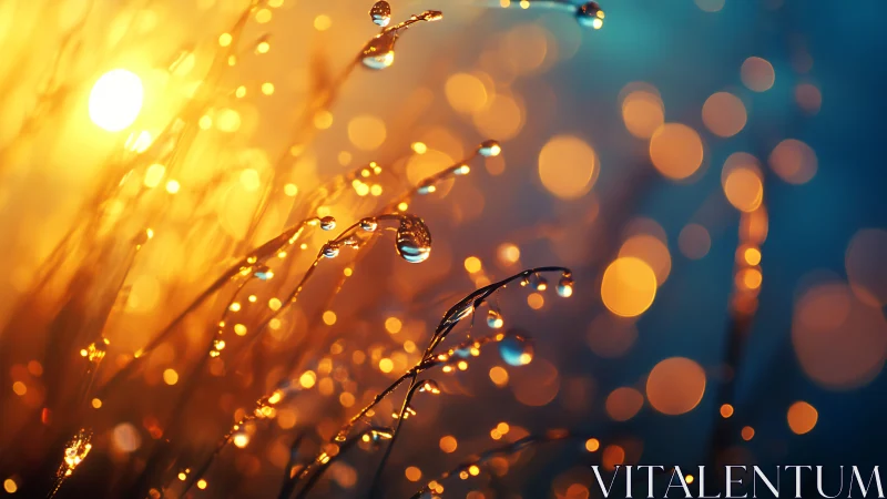Backlit dew droplets on grass blades create warm bokeh field