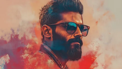 Stylish bearded man in sunglasses amid abstract colors.