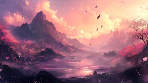 Pink mountains surround reflective river under glowing sunset