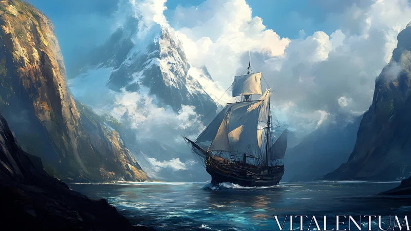 Storm-touched galleon threading a glacial mountain fjord.