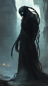 Wreathed cyber wraith towers over foggy ruined alleyway.