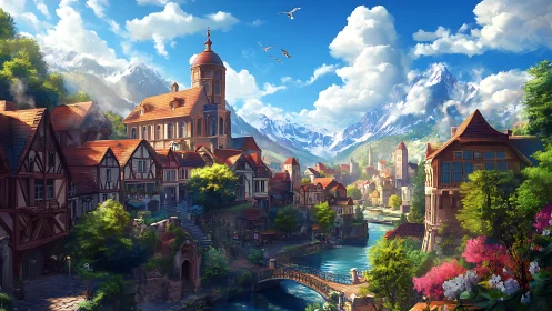 Mountain river town extends across valley under clear sky