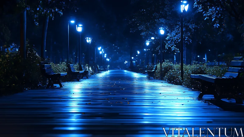 Moonlit park walkway glows under rows of serene blue lamps