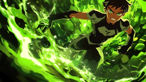 Male character running through vivid green energy field.