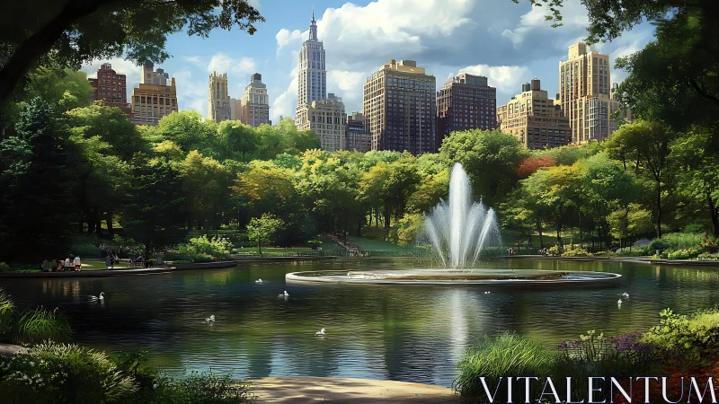 City skyline rises beyond park lake and central fountain view