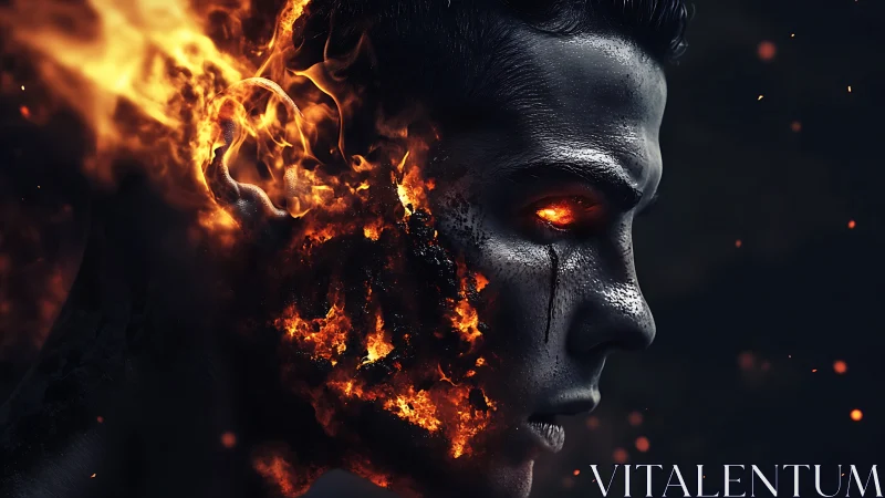 Fiery male portrait with half face burning into embers.