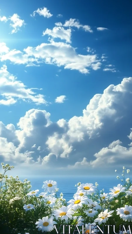 Photorealistic seascape with daisies and cumulus sky layering.
