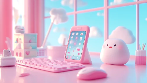 Pink Tech Workspace with Cute Characters.