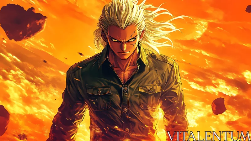 Intense anime warrior in fiery orange sky scene.