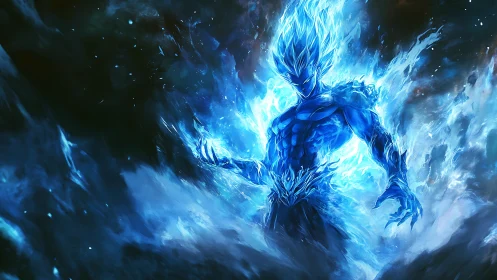 Blazing blue energy warrior stands transformed in cosmic power