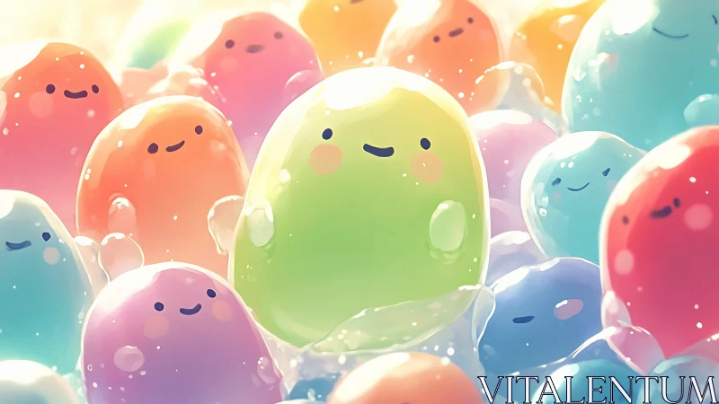 Pastel jelly characters in soft luminous bubble cluster.