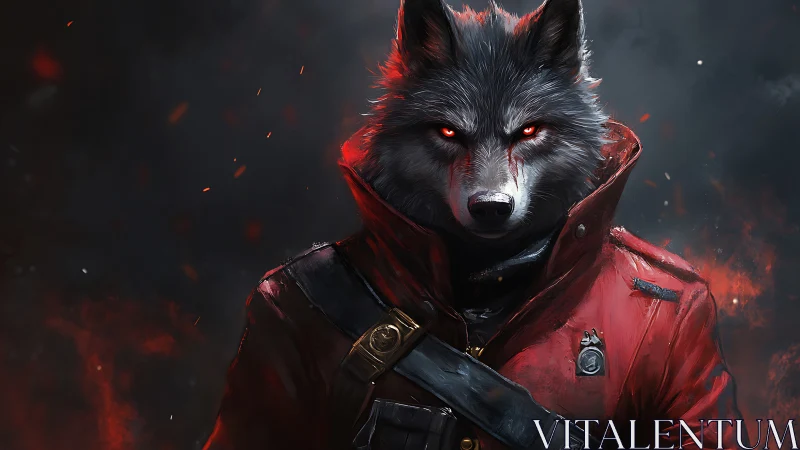 Wolf-headed humanoid in red coat amid embers and smoke.