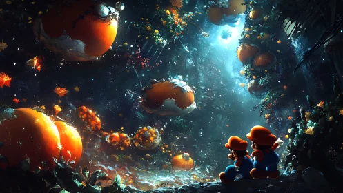 Floating orange spheres in dense forest cavern with figures.